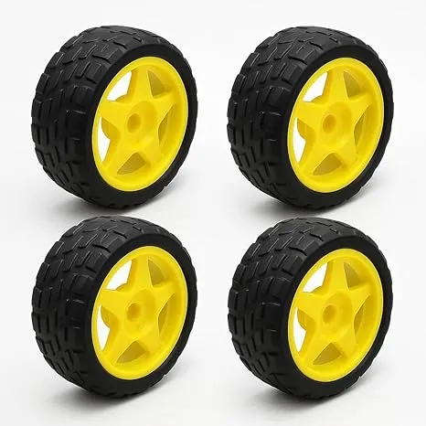 BO Motor Wheel 65MM Diameter Yellow Hub Black Rubber Tire Pack of 4 for Arduino UNO Robotics Cars DIY Robot Projects Compatible with TT BO Motors Lightweight Durable Design