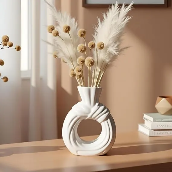 ANM White Ceramic Knot Vase | Compact Size | 15cm | Modern Sculptural Decorative Vase for Pampas Grass, Dried Flowers & Shelf Decor | Minimalist Home Accent & Gift Decor